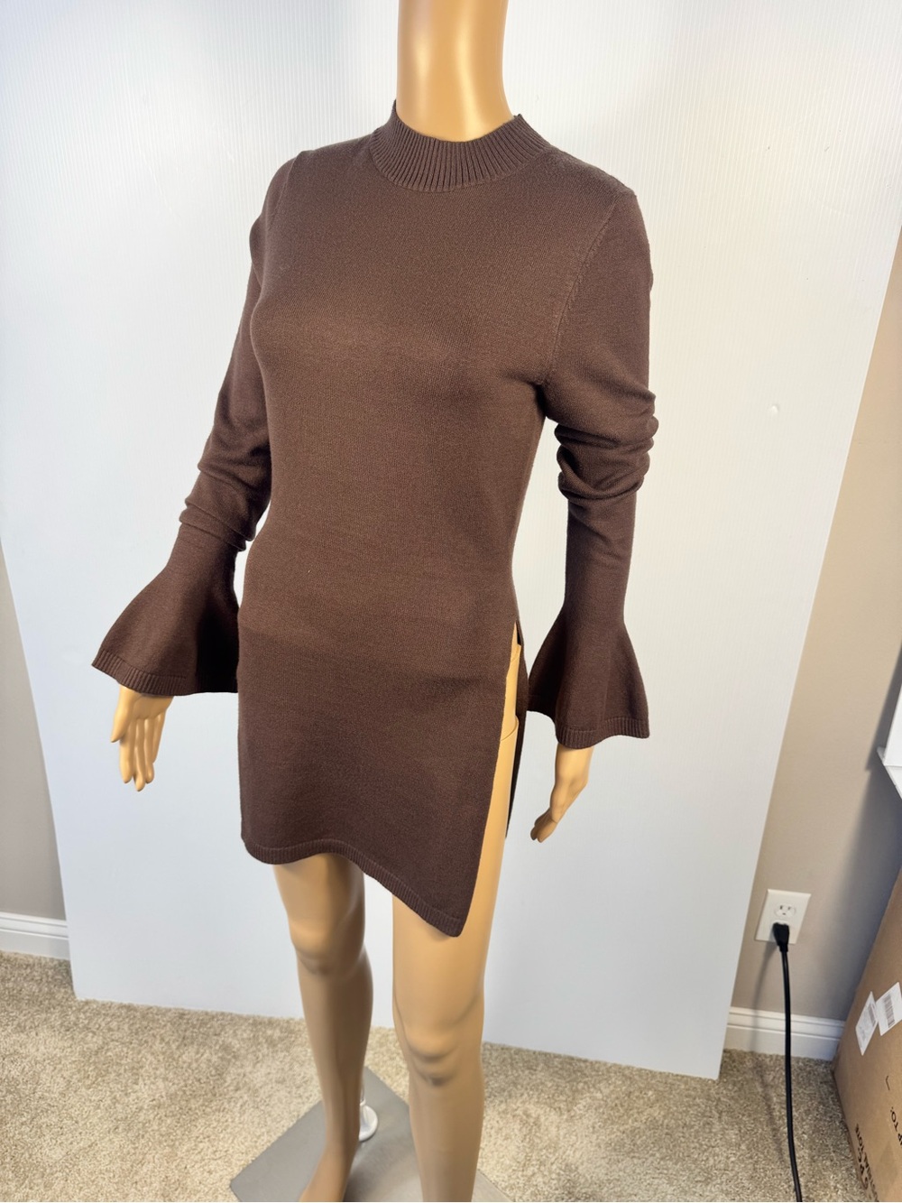 NWT Brown Mock Neck Sweater Dress with Bell Sleeves | Size Small - Picture 3 of 5